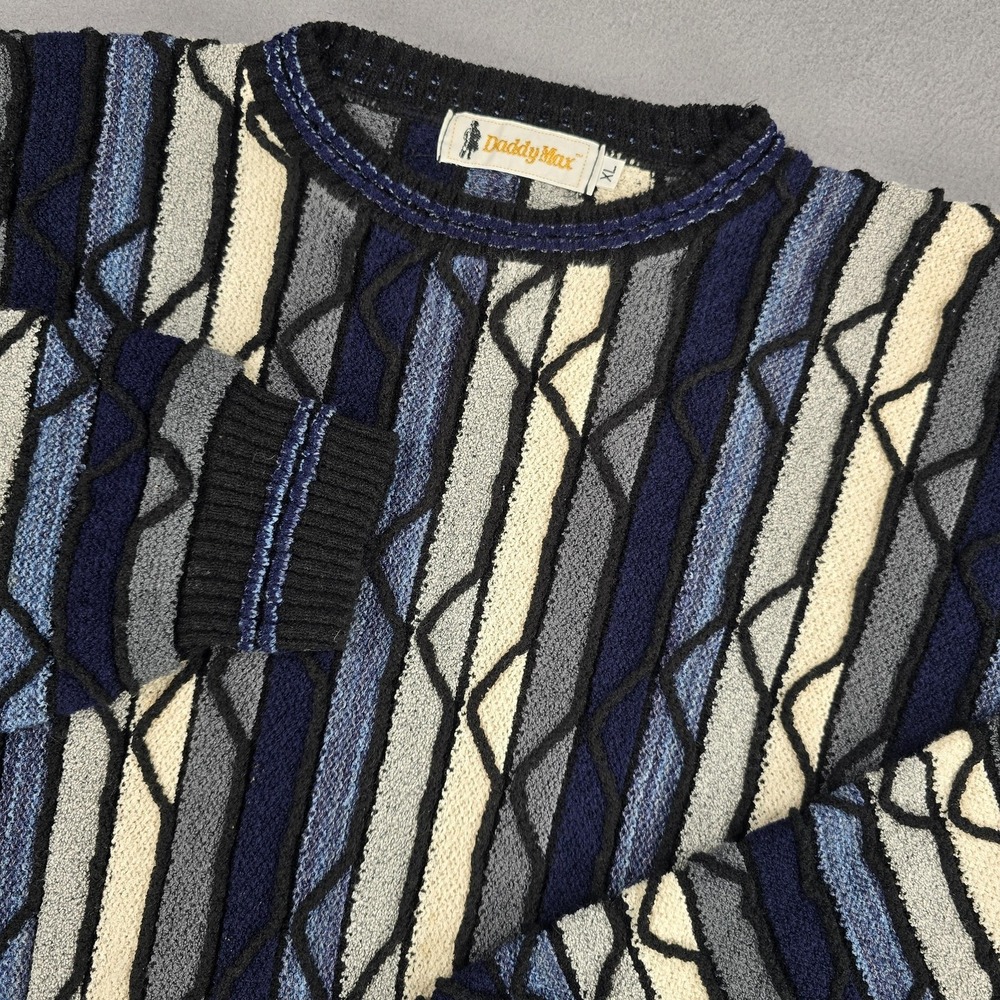 Vintage Daddy Max Sweater Mens XL Blue 3D Knit‎ Coogi Style Geometric 90s